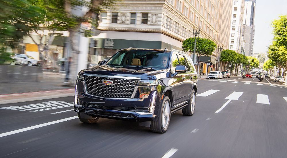 A black 2021 Cadillac Escalade is shown driving on a city street after looking at used SUVs for sale.