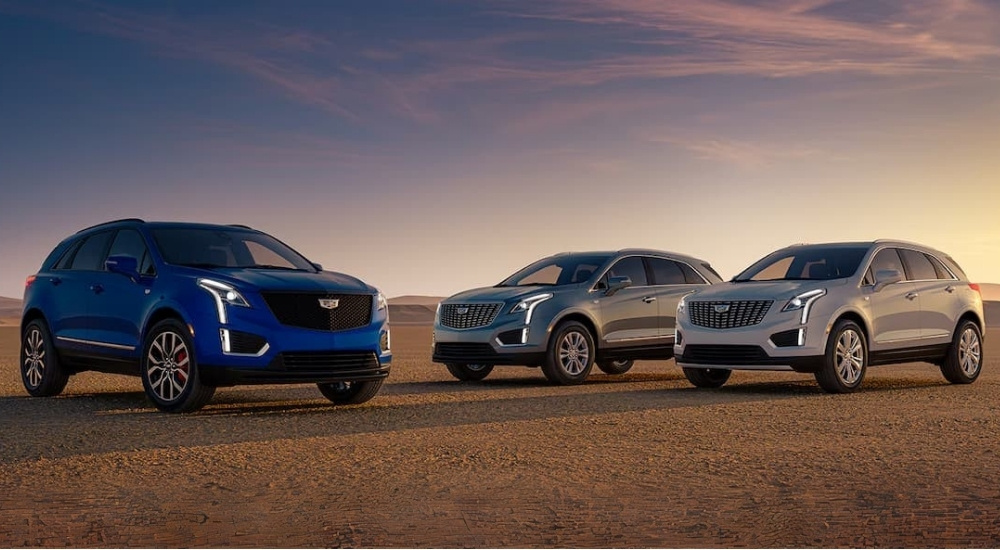 A blue, a silver, and a white 2025 Cadillac XT5 are parked on a flat area near a Cadillac dealer near St. Peter.