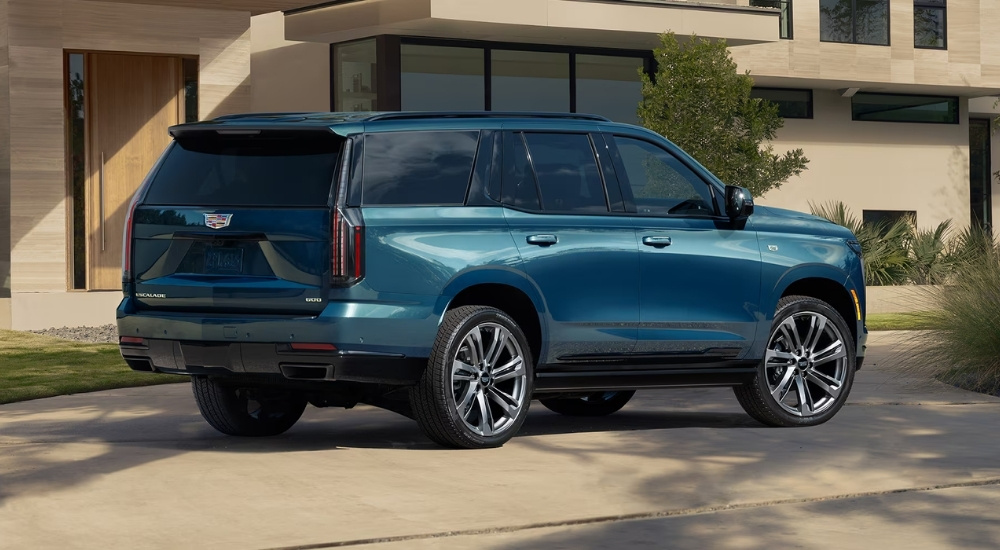 A rear view of a blue 2025 Cadillac Escalade for sale parked in a driveway.