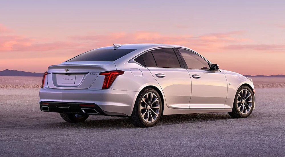 A silver 2023 Cadillac CT5 for sale near Belle Plaine is shown from a rear angle.