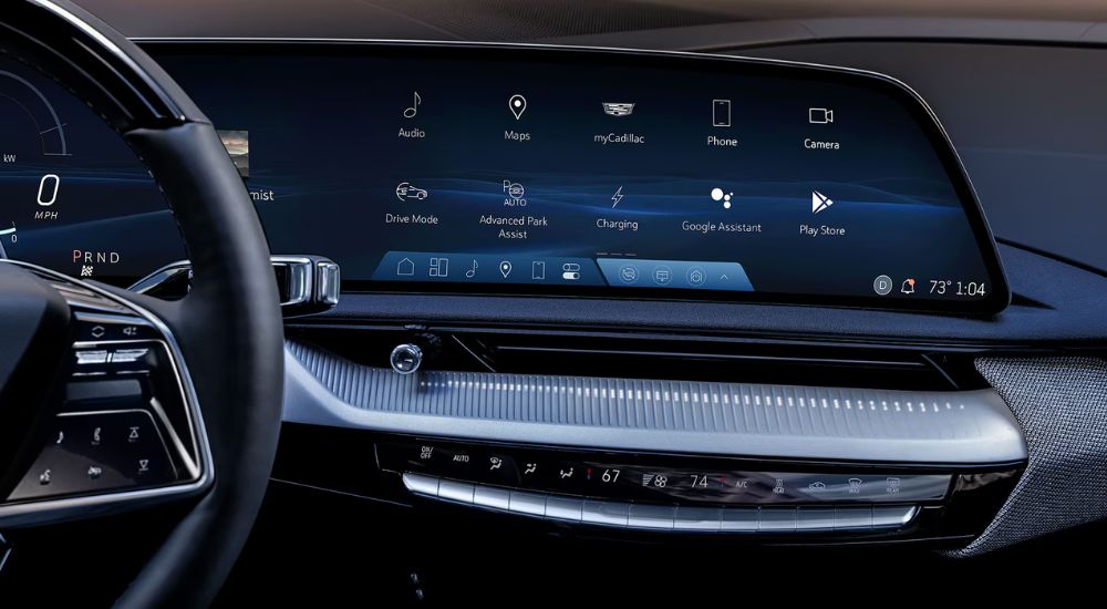 Close-up of the infotainment screen in a 2025 Cadillac OPTIQ.
