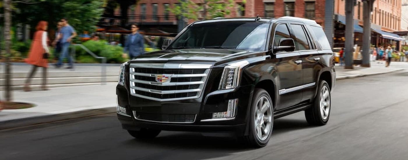 Black 2020 Cadillac Escalade driving down a town.