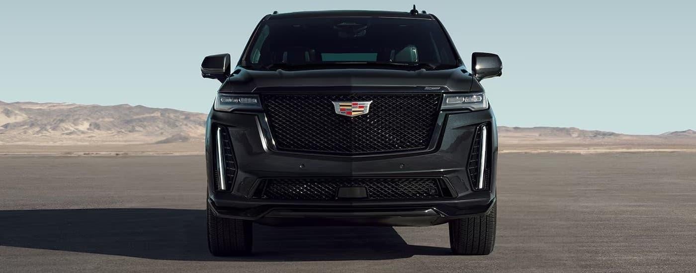 A black 2024 Cadillac Escalade is parked in an open area after leaving a Cadillac dealer near Minneapolis.