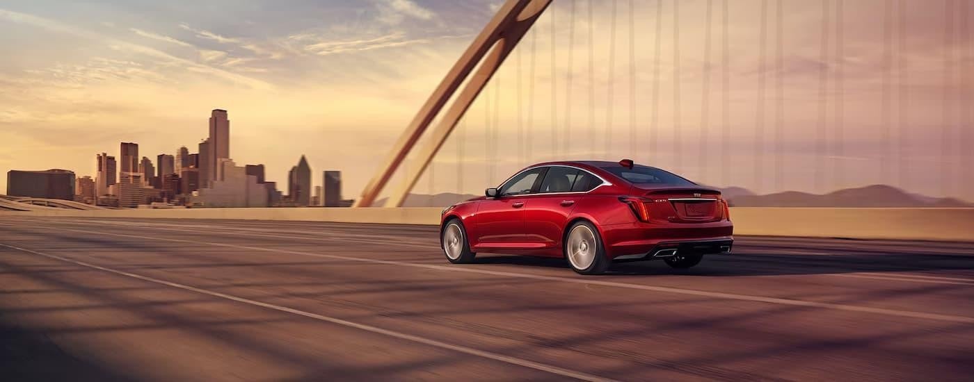 A red 2025 Cadillac CT5 is driving over a bridge during a sunset.