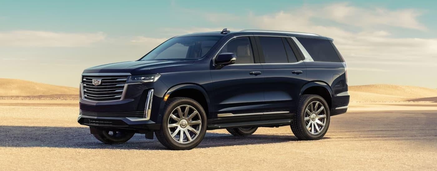 A dark blue 2023 Cadillac Escalade is shown parked in a desert area after leaving a Cadillac dealer near Waseca.