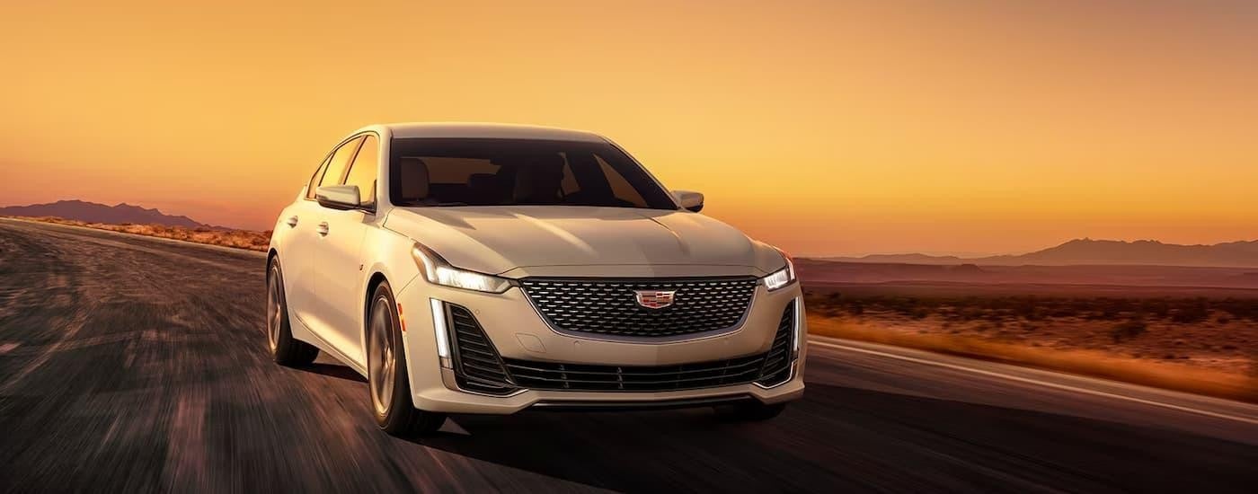 A white 2023 Cadillac CT5 is shown driving on an open road during a sunset.