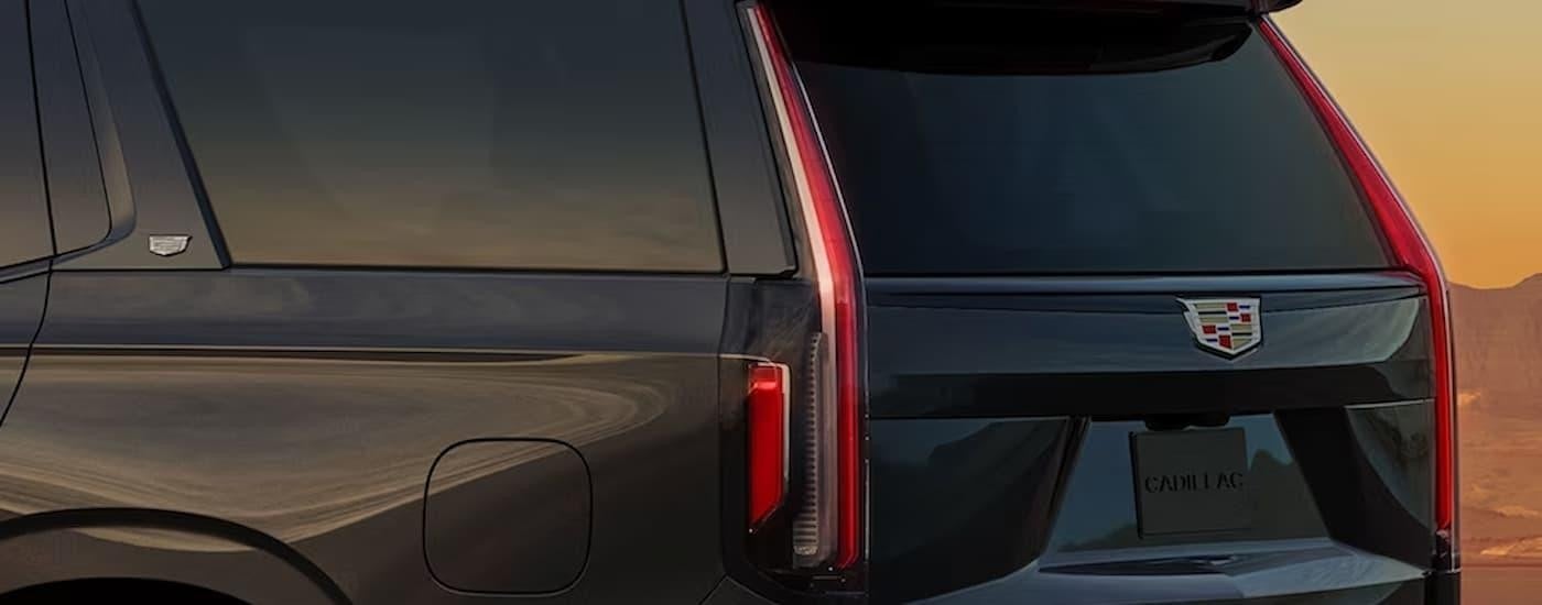 A close up of the rear of a black 2024 Cadillac Escalade parked during a sunset.